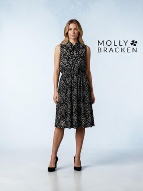 NEW, Molly Bracken, Floral Tie-Neck Midi Dress, 1X, Black White Sleeveless